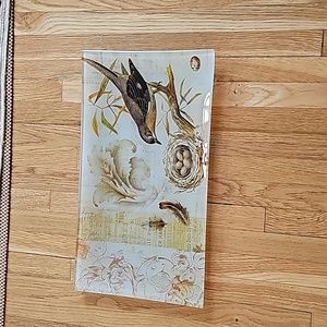 Two's Company 16" rectangular glass naturalist bird serving plate robin